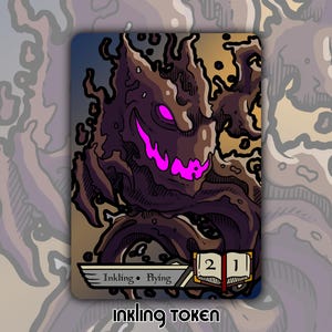 Peut inclure: Une carte de jeton Inkling sur le thème de la fantaisie, représentant une créature amorphe violet foncé avec des yeux et une bouche roses brillants. La carte a un fond beige et bleu, avec les mots "Inkling" et "Flying" et le texte "Inkling Token" en bas.