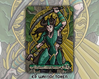 May include: A fantasy-themed card featuring an elf warrior in green armor, wielding a sword. The card has a green and gold color scheme with the text "elf warrior token" at the bottom. The card is labeled "Creature - Elf Warrior 1/1".