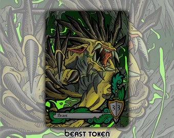 May include: A green and yellow monster with sharp teeth and claws. The monster is a beast token with a power of 33. The background is green and black.