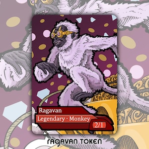 May include: A rectangular trading card featuring a purple background with a light purple monkey wearing gold goggles. The card displays the text Ragavan, Legendary Monkey, and 2/1 in a red banner. Below the card, the text Ragavan Token is visible.