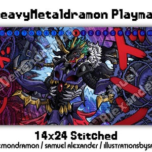 ヘビーメタルドラモン プレイマット - 14x24 デジモンカードゲーム DCG ステッチエッジ パープル レッド リベレーター インプモン