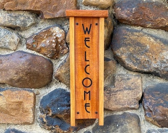 Craftsman Style Welcome Sign Greene and Greene Handmade Mahogany Vertical