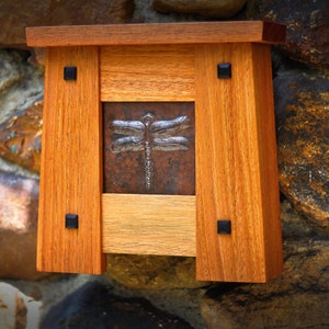 Arts and Crafts Style Doorbell Cover made with Mahogany Mission and Craftsman Style Chime Cover with copper dragon fly