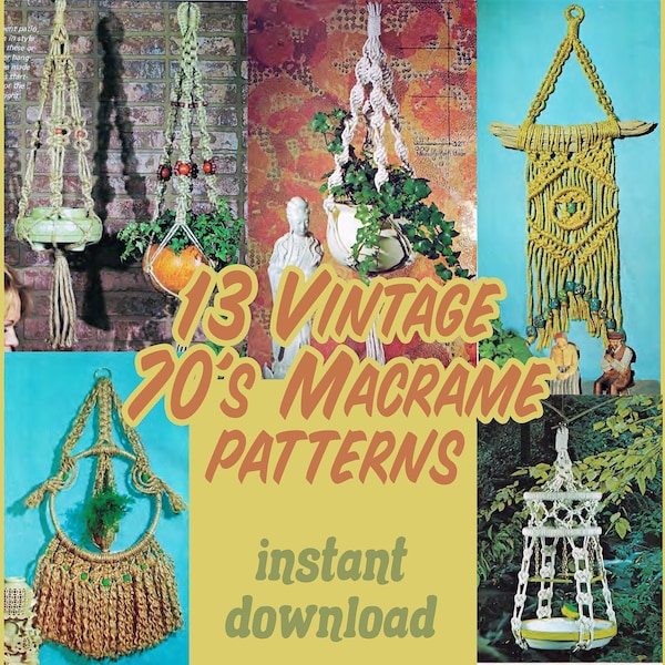 13 patrones de macramé vintage - Patrón de macramé de los años 70 Jardinera de macramé Macramé colgante Cómo hacer macramé Kit de macramé fácil de hacer Nudos de macramé