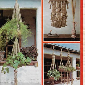 May include: A page from a vintage macrame book showing four different macrame projects. The projects include a wall hanging, a plant hanger, and two hanging planters. The text on the page describes the projects and includes instructions for making them.