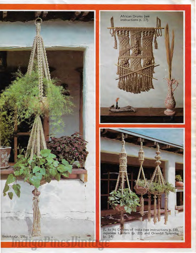 May include: A page from a vintage macrame book showing four different macrame projects. The projects include a wall hanging, a plant hanger, and two hanging planters. The text on the page describes the projects and includes instructions for making them.