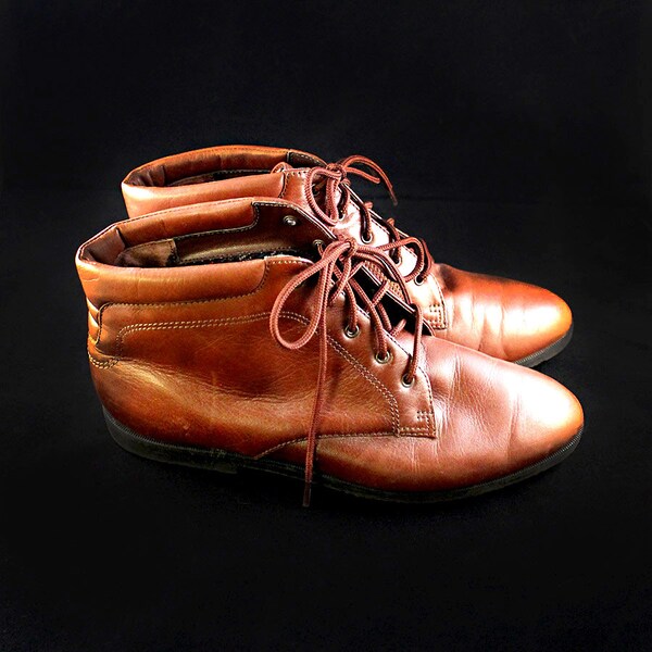 Vintage Brown Leather Boots 8.5 - 90s Ankle Boots - Brown Lace-Up Boots - Leather Booties