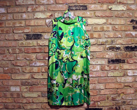 1960s Green Satin Floral Mod Dress M - 60s Mod Dre