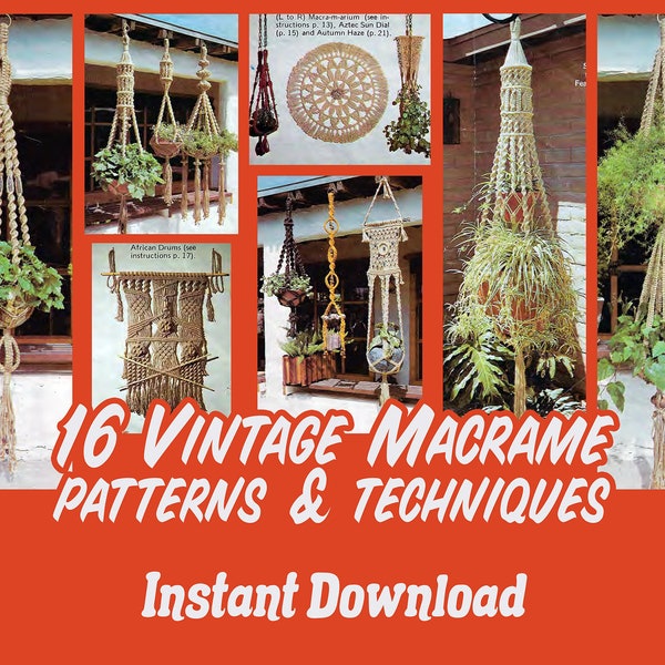 16 Vintage Macrame DIY Pattern Download - 70's Macrame Wall Hanging Pattern Macrame Plant Hanger Vintage Boho Plant Hanger Bohemian Wall
