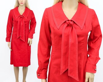 60s/70s Red Dress 6 - Vintage 60s Dress 6 - Red 60s Dress 6 - Red Tie Neck Dress - Retro Red Dress - Red Pin up Dress - Small Red Dress