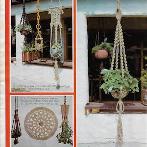 May include: A collection of macrame plant hangers in various styles and sizes. The hangers are made with natural twine and feature different knot patterns. The hangers are displayed against a white wall and a brick wall.