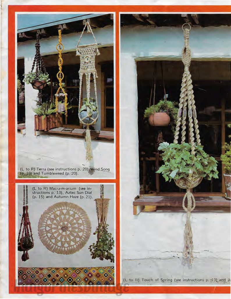 May include: A collection of macrame plant hangers in various styles and sizes. The hangers are made with natural twine and feature different knot patterns. The hangers are displayed against a white wall and a brick wall.
