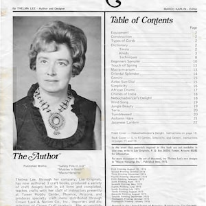 May include: A black and white photo of a woman, Thelma Lee, the author of the book "Macra-Hangings". The book cover features a table of contents with a list of macrame projects, including "Nebuchadrezzar's Delight", "Gemini", and "Simplicity".