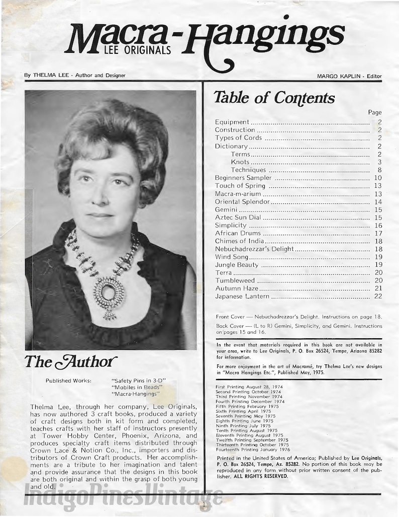 May include: A black and white photo of a woman, Thelma Lee, the author of the book "Macra-Hangings". The book cover features a table of contents with a list of macrame projects, including "Nebuchadrezzar's Delight", "Gemini", and "Simplicity".