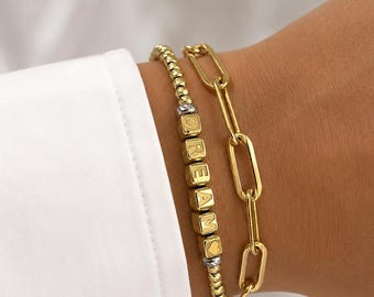 Shinny Beaded Name Bracelet: Custom Initial Jewelry | Minimalist Custom Bracelet | Rose Gold | White Gold