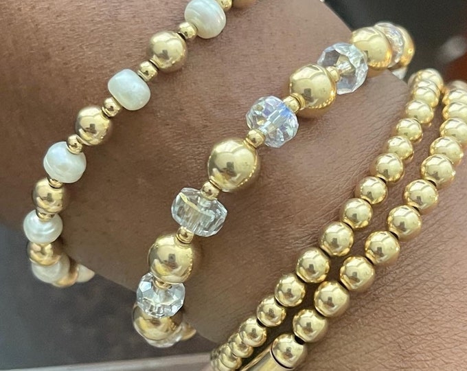 14K Gold and Crystal Beaded Bracelet |  Gold Beaded Bracelet | Stretch Stacking Bracelets | Crystal Bracelet Gift | Waterproof Bracelet