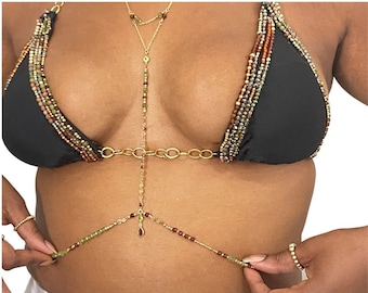 14k Solid Gold Body Chain | Shiny Crystal Dainty Waist Chain | Bikini Body Chain | Natural Garnet | Bikini Chain  | Halter Top Jewelry