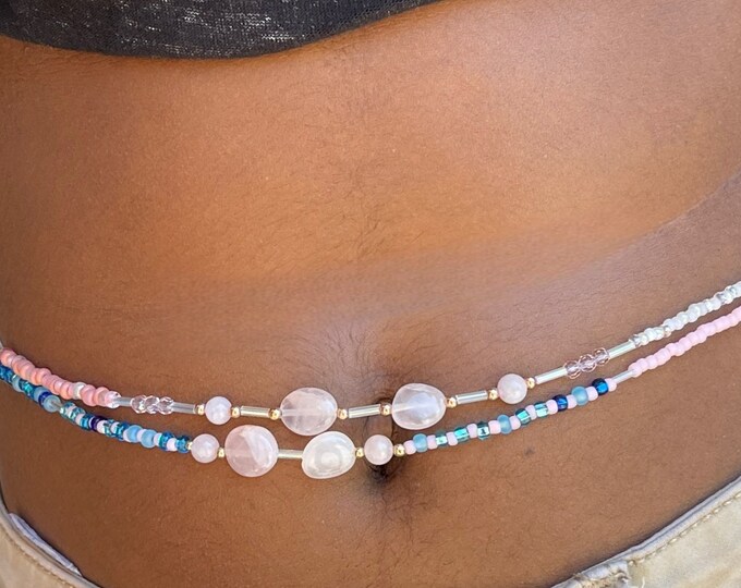 Serenity Crystal Waist Beads | Rose Quartz Belly Beads | Pink and Blue Hip Beads | Plus Size Waist Beads | Handmade Waist Beads With Clasp