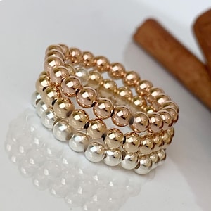 14k Gold Beaded Stretch Ring: Minimalist Stacking Ring