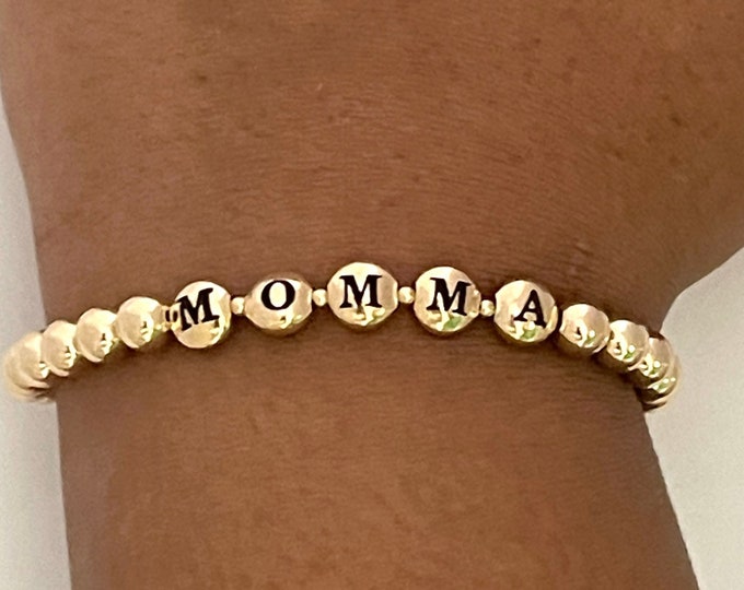 Custom Momma Beaded Bracelet | Mother's Day Gift | Unisex Personalized  6mm Gold Name Bracelet | Stretch Word Bracelet | Gifts For Him