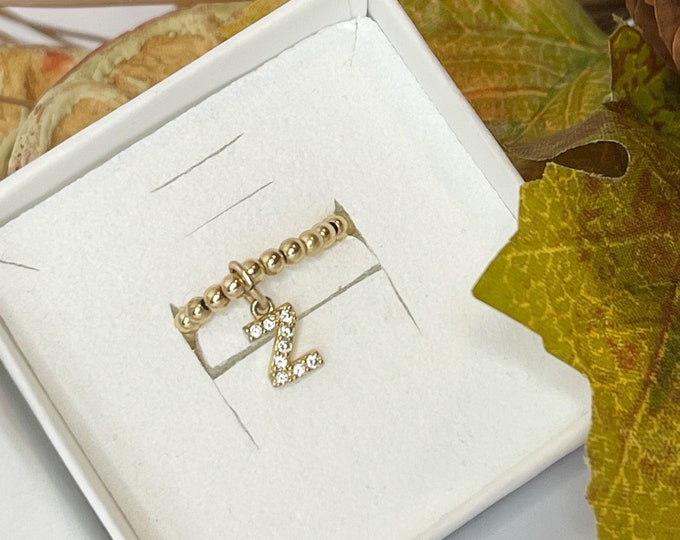 Initial Charm Ring | 14k Diamond Pave Initial Charm Ring | Stackable | Pinky Ring | Stretch | Gold Bead Ring | 14k Gold Filled Bead Ring