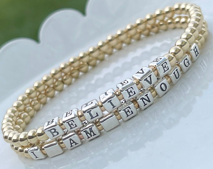 I AM ENOUGH Stretch Bracelet | Custom Beaded Bracelet | Gold Name Bracelet | Personalized Gifts For Her | Gold BELIEVE Bracelet