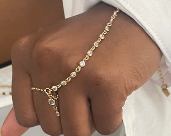 14k Solid Gold Diamond Bezel-Set Hand Chain | Slave Bracelet | Finger Bracelet | Boho | Dainty Diamond Charm Bracelet | Hand Chain Ring