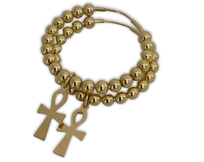 Gold Ankh Charm Hoop Earrings: 14k GF Beaded Hoops
