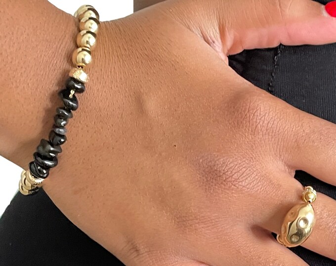 Obsidian Gold Beaded Chain Bracelet | Black Crystal Bracelet | Bold Gold Bracelet | Solid Gold Bracelet  | Handmade Crystal Bead Bracelet |