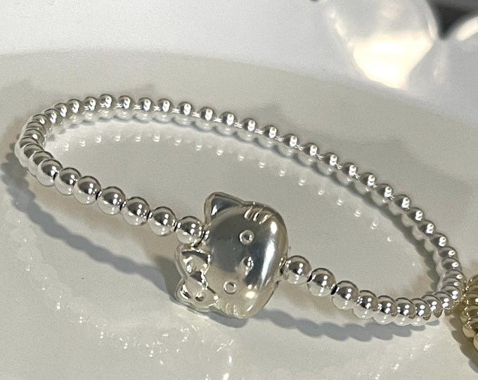 Kitty Charm 14k Gold Beaded Bracelet |  Hello Stretch Bracelets | Children Bracelet with Charm | Cat Bead Bracelet | Shiny Beaded Bracelet