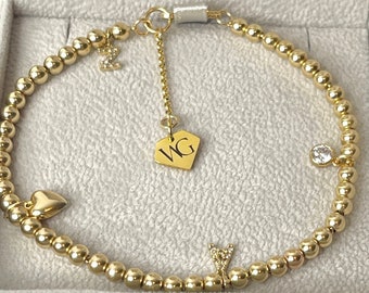 Gold Initial Beaded Bracelet | Mother's Day Gift | Luxury Custom Handmade Jewelry | Gold Diamond Initial Charm Bracelet | Gift For Women