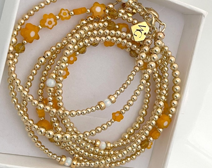14k Gold Waist Beads | Flower African Waist Beads | 14k Gold Plus Size Belly Chain | Waisted Gems | Orange Hip Beads | Goddess Hip Beads