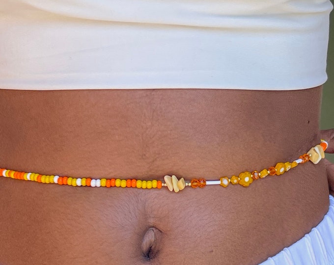 Yellow Daisy Waist Beads | Orange Flower Hip Beads | Crystal Waist Beads | Summer Fun Bikini Chain | Plus Size Belly Beads | Tangerine Beads