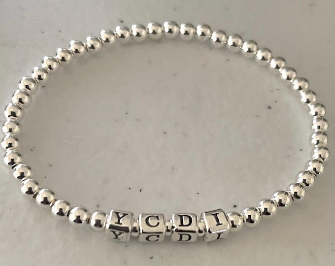 Sterling Silver Stretch Bracelet | Name Bracelet | Personalized Bracelet | Gifts For Her | Silver Beaded Bracelet | Charm Bracelet Gift