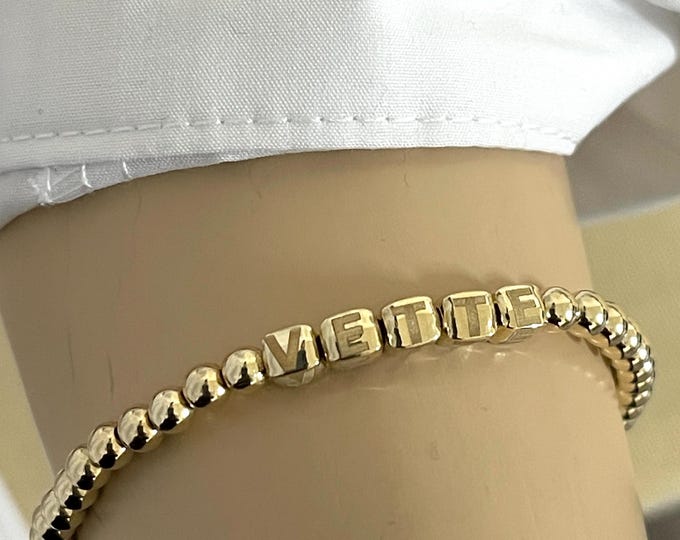 14k Solid Gold Beaded Name Bracelet: Custom Initial Jewelry