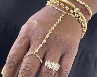 14k Solid Gold Diamond Bezel-Set Hand Chain | Slave Bracelet | Finger Bracelet | Gypsy Bracelet | Dainty Bezel Set Emerald | Hand Chain Ring