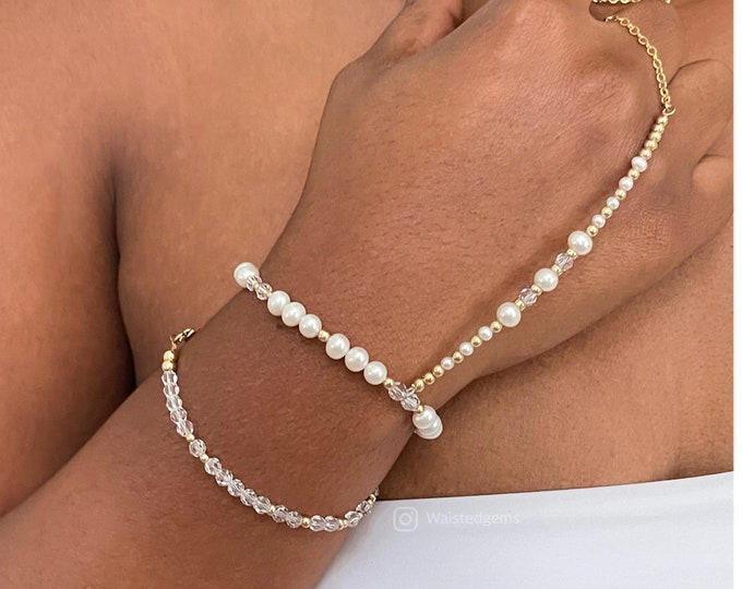 Bold Pearl Crystal Bracelet Hand Chain | Gold Slave Bracelet | Pearl Finger Ring Freshwater Pearl Bracelet | Bridesmaid's Bracelet Set |