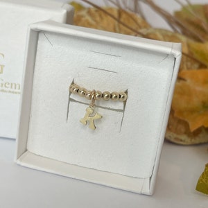 14k Gold Filled Initial Beaded Ring: Dainty Charm Stackable Band