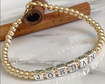 14k Beaded Name Bracelet | Custom Beaded Bracelet | Gold Name Bracelet | Gifts for her | Personalized gift | Gold Stretch Bracelet |