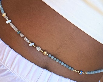 Ocean Front Waist Chain |Aquamarine Gemstone Waist Beads | March Birthstone | Aquarius Birthday Gifts | Hip Beads | Gold Waist Gem