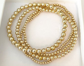 Gold Beaded Bracelet Set | Handmade Bracelet | Ball Elastic Bracelet | Shiny Bead Stacking Bracelet | Gold Jewelry | Unisex Gift