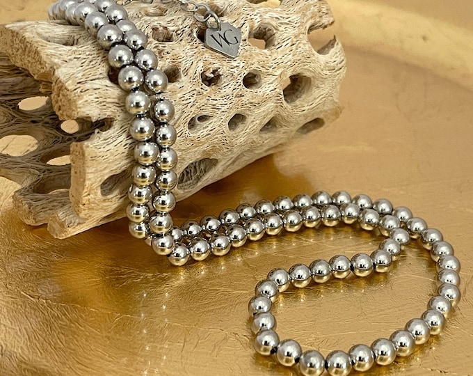 14k White Gold Beaded Layering Chain Necklace | Unisex Minimal Layering Necklace | Medium Weight Ball Choker | Luxury Jewelry | Gift For Her