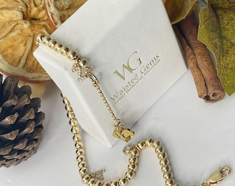 14K Gold Beaded Bracelet: Diamond Initial Charm, Handmade Jewelry