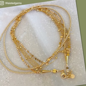 14k Gold 4 Strand Waist Chain Set | Gold Double Belly Chain |  African Beaded Waist Chain | Belly Chain | Station Belly Chain | Waist Gems