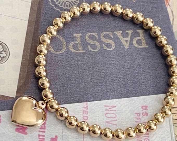 Gold Beaded Bracelet with Hear Charm |  Stretch Bracelets | Women Bracelet with Charm | CZ Bead Bracelet | Shiny Bold Beaded Bracelets