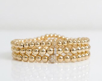 14K Gold Diamond Accent Beaded Bracelet | Solid Gold Rondelle Fine Jewelry