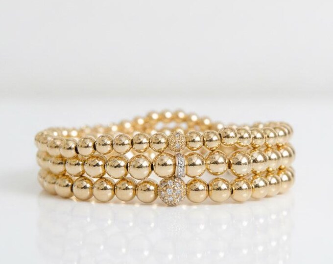 14K Gold Diamond Accent Beaded Bracelet | Solid Gold Rondelle Fine Jewelry