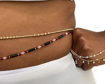 14k Gold Waist Beads | Red and White Waist Beads | Waistbeads w/ clasp |  African Waist Beads | Gamecocks |  Black Waist Beads