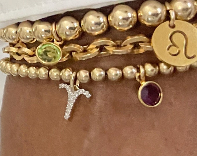 14K Gold Bead Zodiac Bracelet | Gold Bracelet w Clasp | Luxury Beaded Chain Bracelet |  Birthday Gold Bead Bracelet | Custom Crystal Jewelry