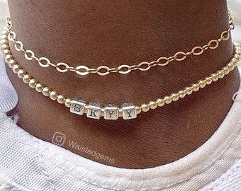 14k Gold Beaded Name Anklet | Custom Bead Anklet | Sterling Silver Name Anklet Bracelet | .925 | Gifts for Women | Boho Anklet